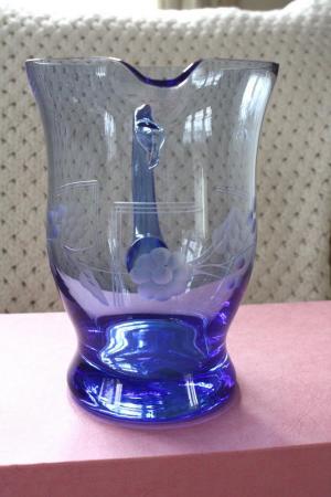 Image 3 of Large glass jug 7.5ins tall gradient blue & etched flowers