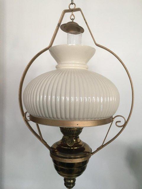 Preview of the first image of VINTAGE HANGING BRASS DECORATIVE OIL LAMP.