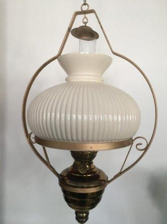 Image 1 of VINTAGE HANGING BRASS DECORATIVE OIL LAMP