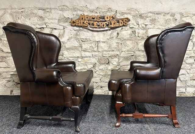 Image 3 of Queen Anne Wingbacked Armchair x2 Brown Leather & footstool
