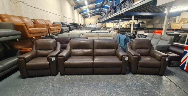 Image 1 of Italian Avola brown leather recliner sofa and 2 armchairs