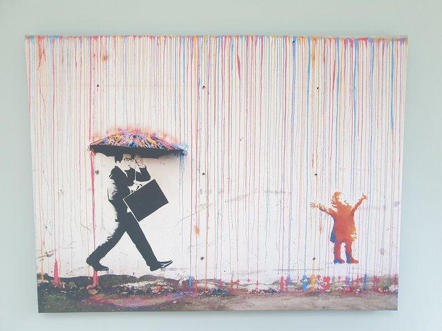 Preview of the first image of BANKSY- Style Coloured Rain Art canvas.