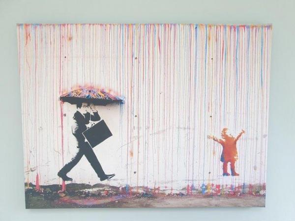 Image 1 of BANKSY- Style Coloured Rain Art canvas