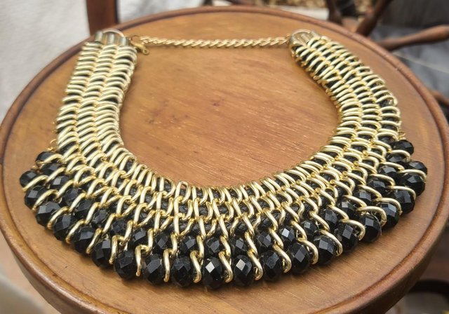 Preview of the first image of Black Bead & Gold Tone Bib Statement Necklace.