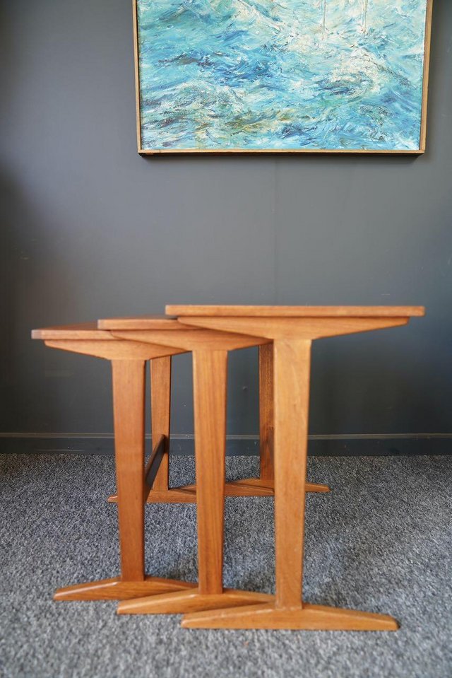 Preview of the first image of Mid Century Danish Modern Teak Nesting tables Trestle Base.