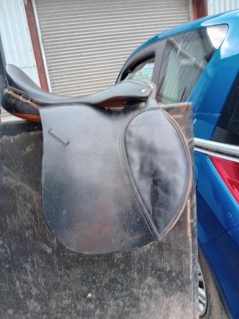 Image 1 of Black/tan leather saddle17.1/2"