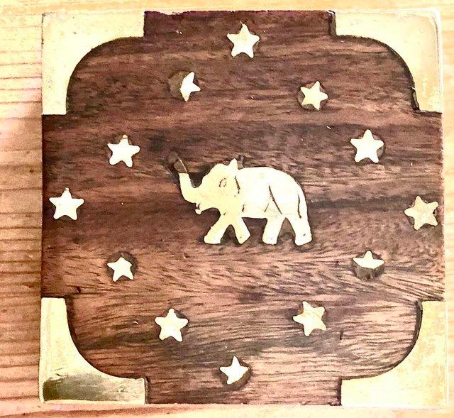 Preview of the first image of WOODEN JEWELLERY/TRINKET BOX  INLAID BRASS ELEPHANT DESIGN.