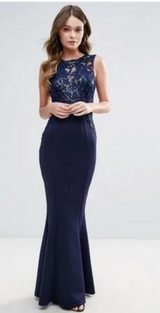 Image 1 of Prom dress navy blue with lace and side split size 6-8