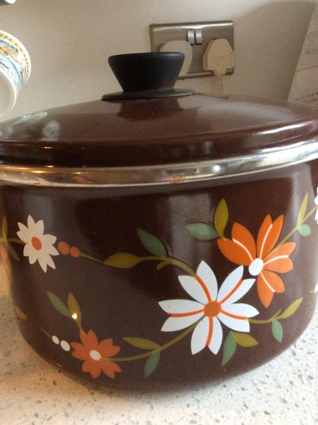 Preview of the first image of Vintage good quality enamel casserole pot.