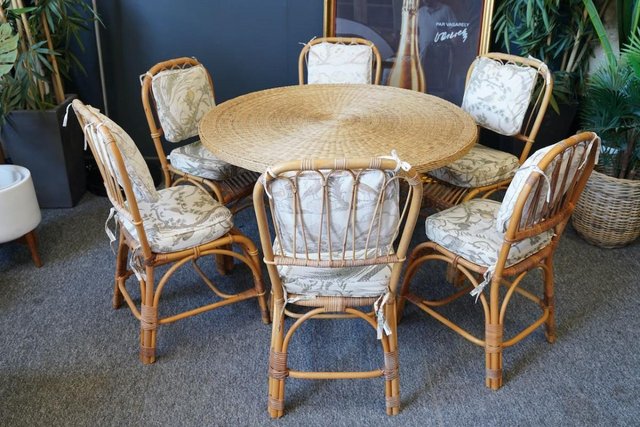 Image 21 of Mid C Wicker Dining Table & 6 'Peacock' Style Chairs 1970s