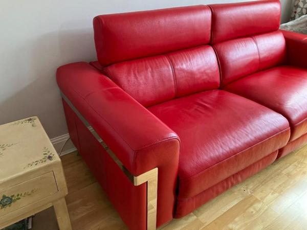 Image 2 of Red leather 3 seater headrest sofa in excellent condition