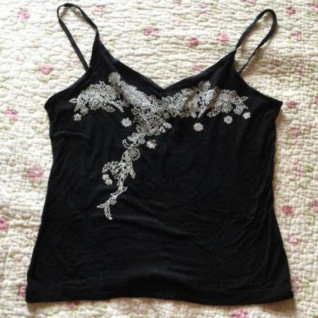Image 1 of Sz14 TODAY’S WOMAN Stretchy Black Cami With White Decoration
