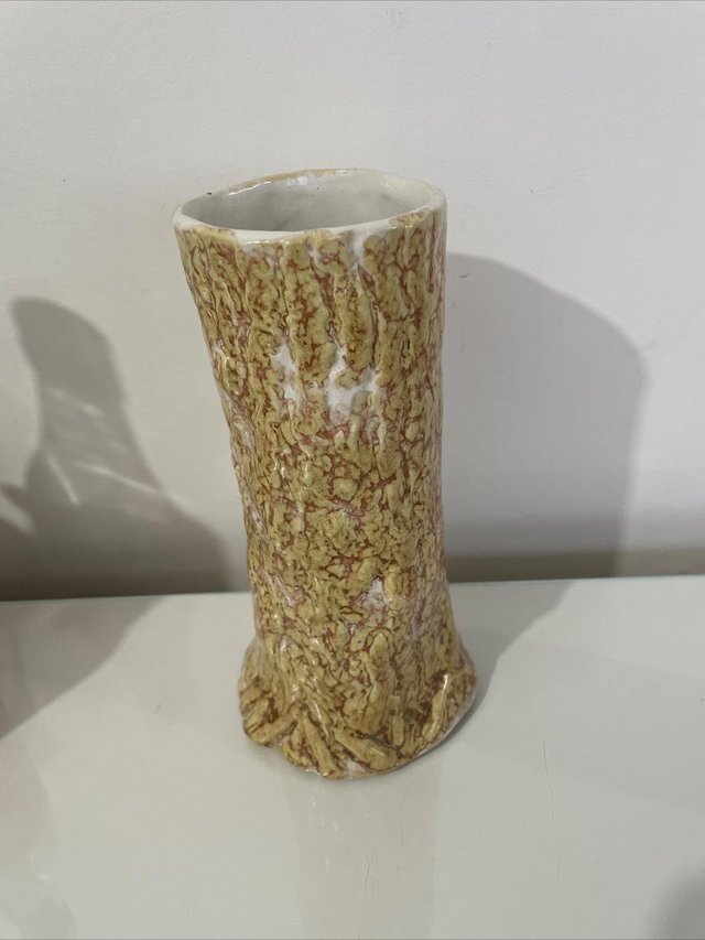 Preview of the first image of Vintage 1970s ceramic brown yellow tree bark vase.