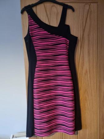 Image 1 of Joseph Ribkoff Black and Pink Striped Dress. Size 12