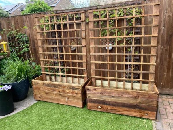 Image 5 of Pair of Rustic Treated Garden Planters with 6 foot Trellis