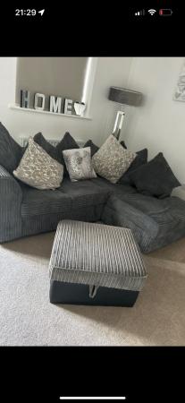 Image 2 of L shape grey cord sofa with foot stool
