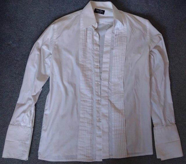 Preview of the first image of Moss Bros white regular fit shirt with ruffle design-size 38.