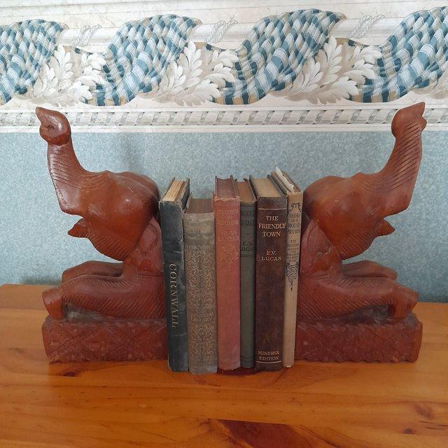 Preview of the first image of VINTAGE BOOKENDS: CARVED WOOD ELEPHANTS.