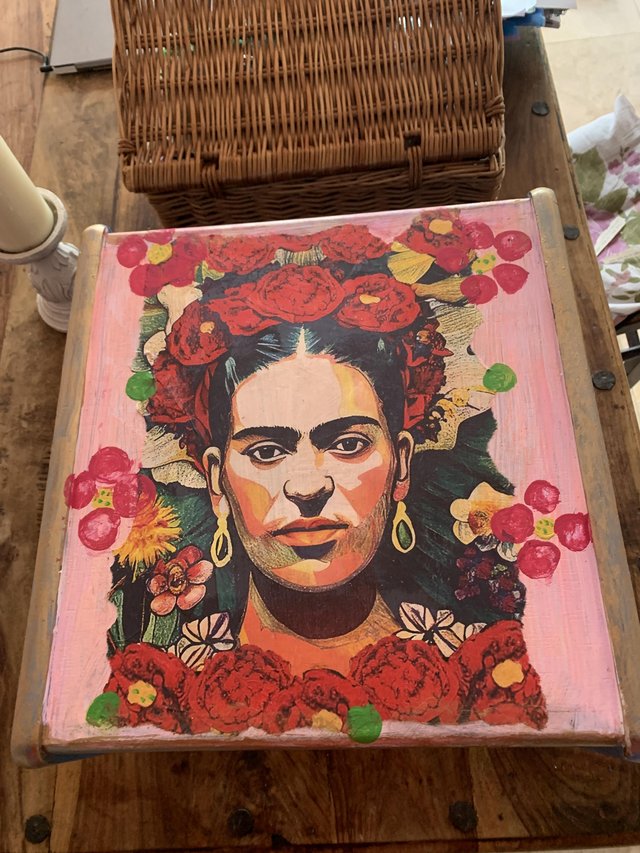 Preview of the first image of Frida Kahlo upcycled GPlan style side table. Folk Art..