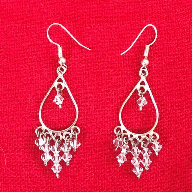 Preview of the first image of Silvertone & clear bead drop earrings, pierced ears. Can pos.