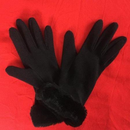 Image 1 of M&S black fabic women's gloves with faux fur trim. One size.