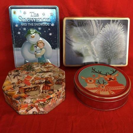 Image 1 of 4 empty Christmas themed tins: Snowman, Teasels, Reindeer