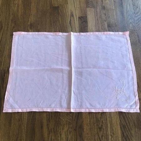 Image 1 of Vintage peach tray cloth, embroidery and decorative border.