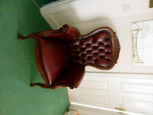 Image 3 of Leather Arm Chair Dark Red Mahagony carve surround