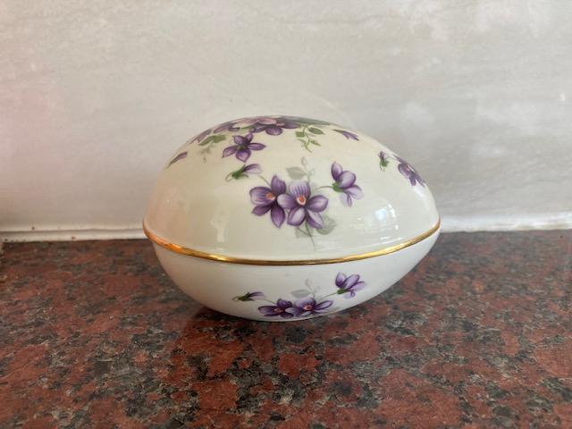 Preview of the first image of Aynsley wild violets fine English bone china egg shaped dish.