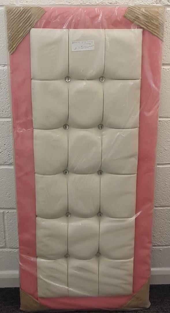 Preview of the first image of DOUBLE PINK AND WHITE LEATHER HEADBOARD WITH DIAMONTES.