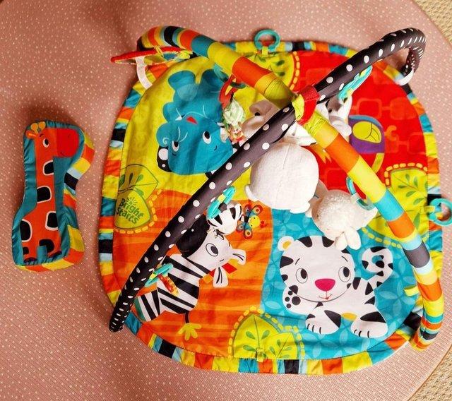 Preview of the first image of Bright starts spots and stripes safari baby play mat and gym.