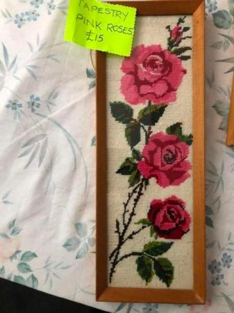 Image 1 of Framed pink roses tapestry picture