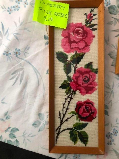 Preview of the first image of Framed pink roses tapestry picture.