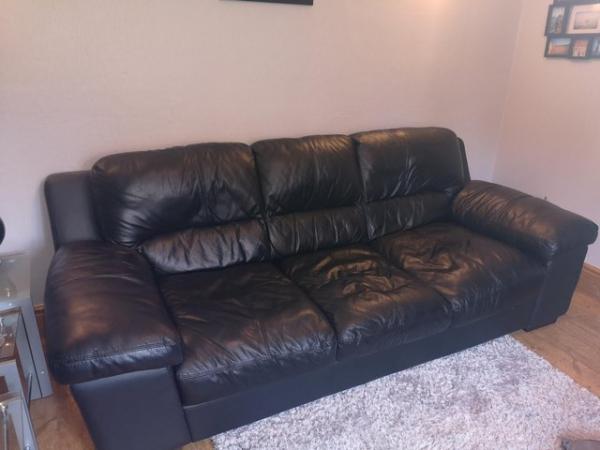 Image 2 of Large black leather sofa and chair