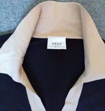 Image 2 of Next V-neck blue and white collared long-sleeved jumper- 14