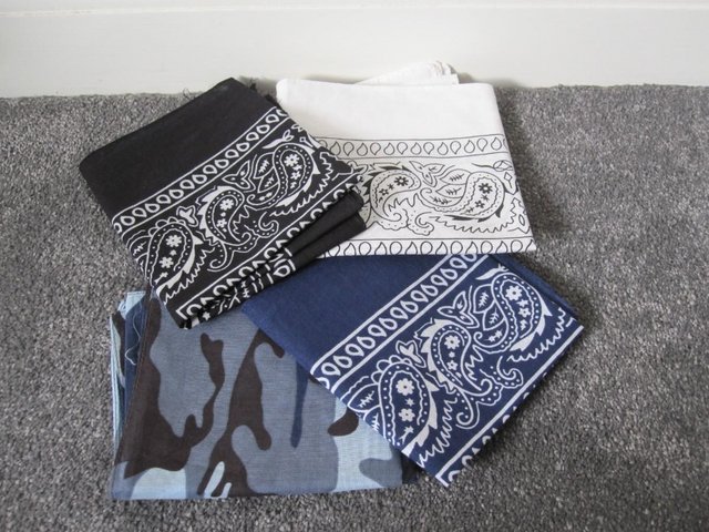 Preview of the first image of 4 Bandanas blue, black, white, camo.