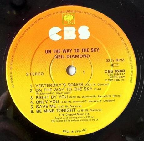 Image 2 of Neil Diamond On The Way To The Sky 1981 A-2/B UK LP. EX/VG+