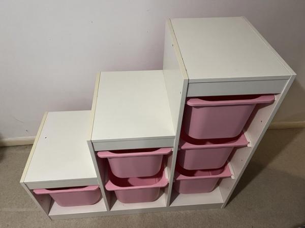 Image 2 of IKEA storage unit, white with pink boxes