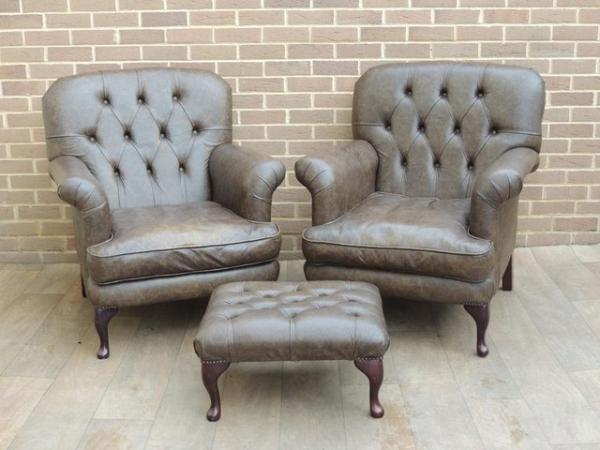 Image 1 of Pair of Cockburn Chesterfield Armchairs + Footstool (UK Deli