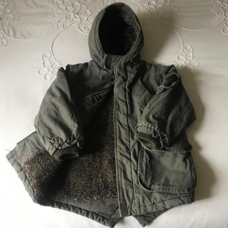 Image 1 of Coat/jacket army green, faux fur lining, hood, badges. 4 yrs