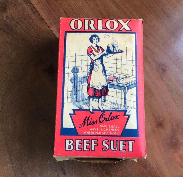 Preview of the first image of 1920’s antique original, pictorial card, Orlox Beef Suet box.