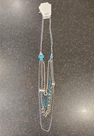 Image 1 of Silver colour dimante and turquoise gemstone necklace
