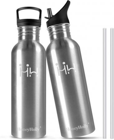 Image 1 of HoneyHolly Metal Water Bottle 750ml Stainless Steel + Straw