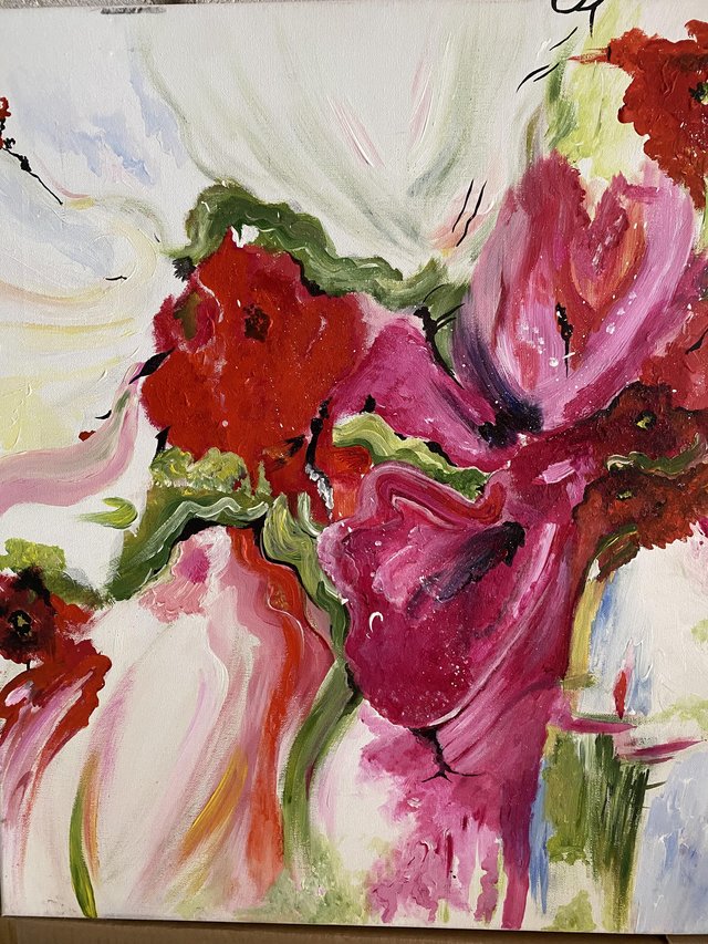 Preview of the first image of Acrylic on canvas. Beautiful vibrant floral piece In pinks,.