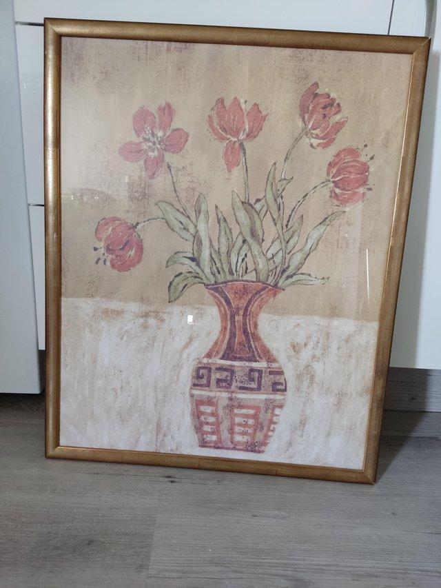 Preview of the first image of Picture of red/ orange tulips in vase, in brass/gold frame.