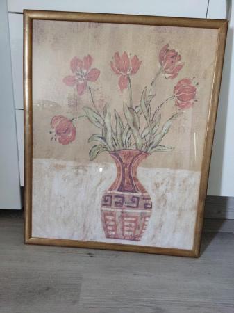 Image 1 of Picture of red/ orange tulips in vase, in brass/gold frame