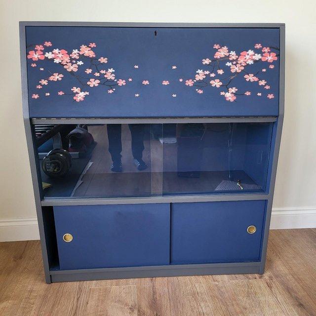 Preview of the first image of HAND PAINTED CHERRY BLOSSOM PINE BUREAU WRITING DESK.