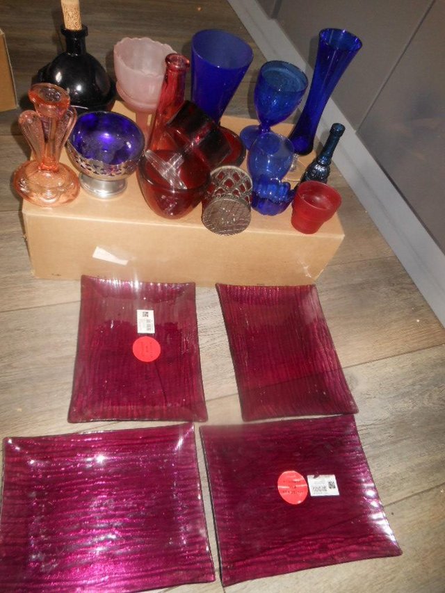 Preview of the first image of Glassware Coloured Dishes Bottles Candle Holder LOT.