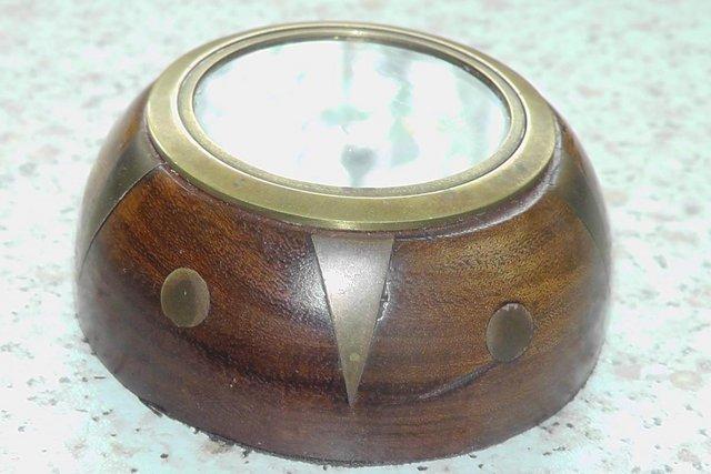 Image 2 of Brass and wood antique magnetic compass.