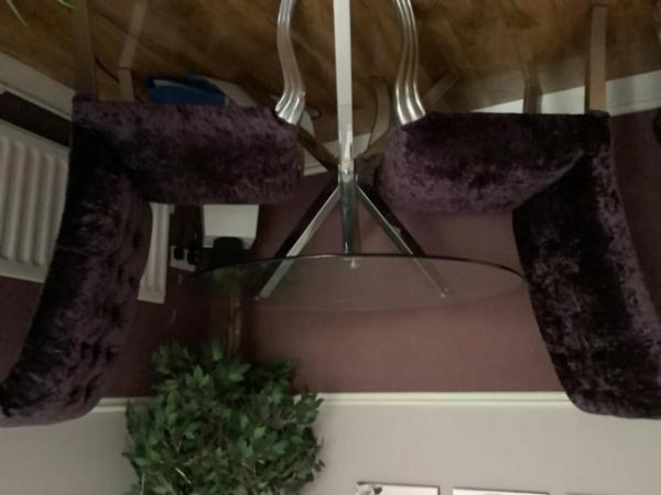 Image 1 of Glass round table and 2 high back chairs in velvet
